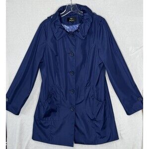 Dennis Basso Size M Navy Blue Button Front Long Jacket Lined Hood zips in Collar